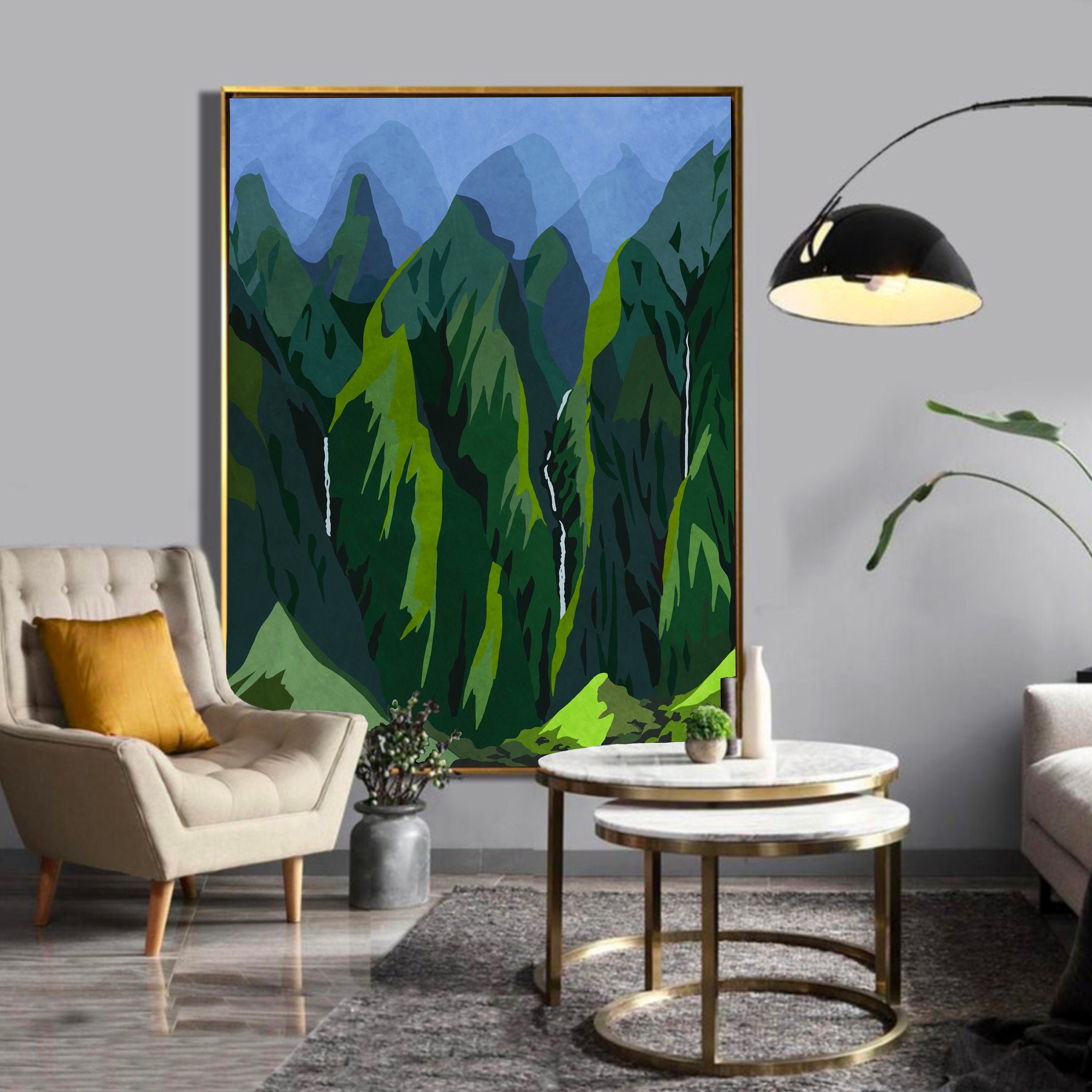 Hawaii Mountains Abstract Art, Textured Green and Blue Mountain ...