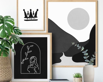 Boho Wall Art Set, 3 Piece Boho Wall Decor Set, Black and White Art, Abstract Gallery Wall Set, Printable Mid Century Modern Art