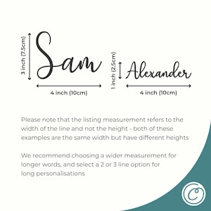 An infographic which demonstrates how the height of a cake charm varies depending on how many characters are in the text.