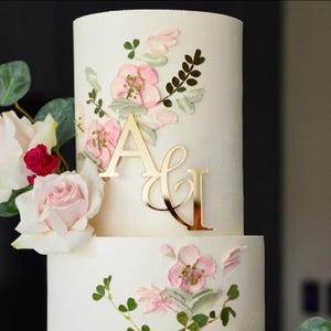 May include: A two-tiered white cake decorated with pink floral accents and gold-coloured initials. The cake features a delicate design of pink flowers and green leaves, ideal for a wedding or special occasion.