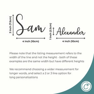 An infographic which demonstrates how the height of a cake charm varies depending on how many characters are in the text.