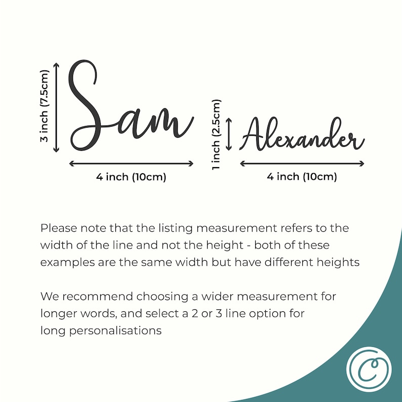 An infographic which demonstrates how the height of a cake charm varies depending on how many characters are in the text.