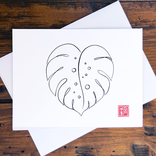 MONSTERA - Line drawing note cards with artist seal stamp - Houseplant series - Includes matching envelopes (set of 12)