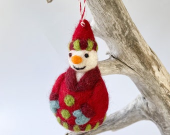 Wool Felt Snowman. Red Coat Needle Felted Snowman.