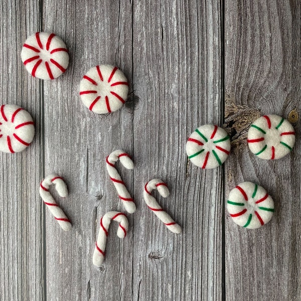 Formes de feutre de NOËL - Menthes poivrées en feutre. Canne à sucre en feutre. Décor de vacances. Décor de Noël.