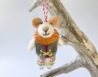 Felt Hiking Mouse Christmas Ornament. Needle Felted Mouse.