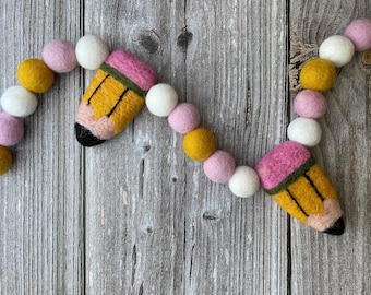 Pom Poms Garland. First day of School - Teacher Gifts. Felt Pencil Garland. Back to school Garland