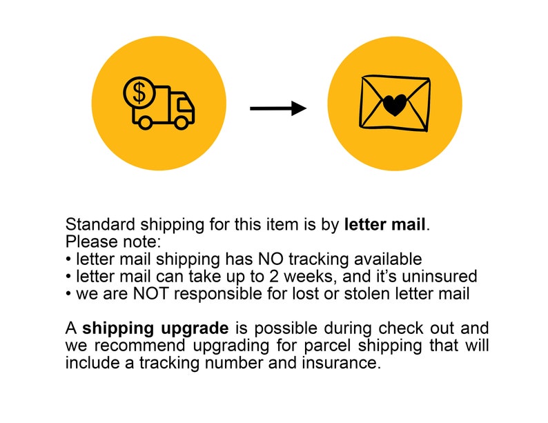 May include: An image with two yellow circles. The first circle contains a drawing of a truck with a dollar sign, and the second circle has an envelope with a heart. Text below describes shipping options.