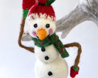 Felt Snowman Christmas Ornament. Needle Felted Wool Snowman Decor