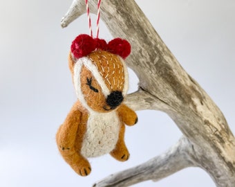 Felt Chipmunk Christmas Ornament. Needle Felted