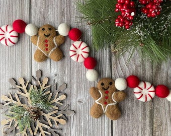 Christmas Garland. Gingerbread Peppermints Garland. Felt Gingerbread Man. Felt Pom Poms Garland.Felt Balls Garland. Felt Pompom Garland
