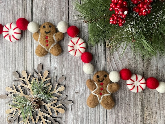 Christmas Garland. Gingerbread Peppermints Garland. Felt Gingerbread Man.  Felt Pom Poms Garland.felt Balls Garland. Felt Pompom Garland - Etsy
