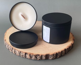 Serenity - Scented Soy Wax Candle. Wooden Cracking Wick. Tin Candle. Minimalistic Black Tin Candle