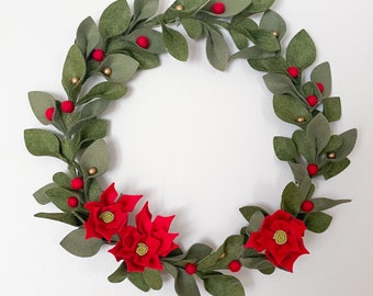 Christmas Decor. Felt Wreath.Christmas Felt Wreath. Winter Wreath. Felt Holiday Wreath. Christmas leaves Wreath. Poinsettia wreath.