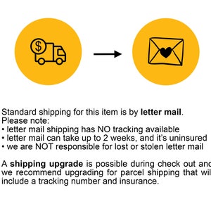 Puede incluir: Imagen con dos c&iacute;rculos amarillos. El primero muestra un cami&oacute;n con un s&iacute;mbolo de d&oacute;lar, el segundo un sobre con un coraz&oacute;n. El texto describe las opciones de env&iacute;o, incluyendo correo postal.