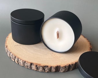 Cashmere - Scented Soy Wax Candle. Wooden Cracking Wick. Black Tin Candle. Elegant minimalistic tin Candle