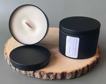 Cinnamon Bun - Scented Soy Wax Candle. Wooden Cracking Wick. Black tin Candle. Elegant Tin Candle