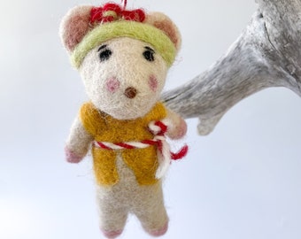 Girl Mouse Christmas Ornament. Needle Felted Mouse Ornament.