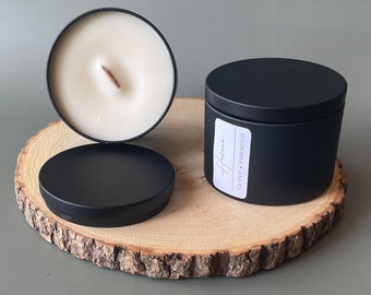 Cardamon & Tobacco Candle - Scented Soy Wax Candle. Wooden Cracking Wick. Tin Candle. Minimalistic Black Tin Candle