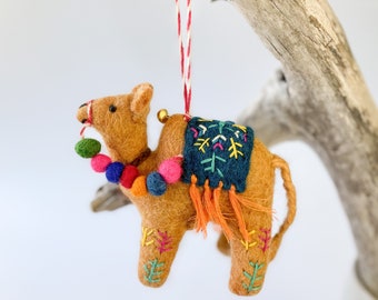 Felted Camel Ornament. Felt Christmas Ornament. Felted Lucky Camel