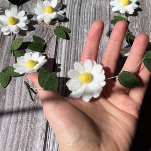 以下が含まれることがあります： 白いフェルトの花と黄色の中心、緑のフェルトの葉で作られたデイジーガーランド。ガーランドは細い自然色のコードに通されています。花は繰り返しのパターンで配置されています。