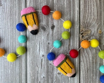 Pom Poms Garland. First day of School - Teacher Gifts. Felt Pencil Garland. Back to school Garland