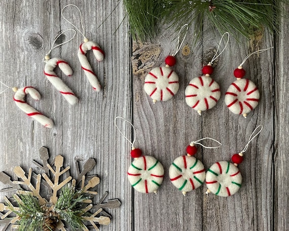CHRISTMAS ORNAMENTS. Felt Ornaments - Felt Peppermints. Felt Candy Cane. Holiday Ornaments. Ornaments Christmas.