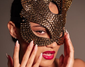 GOLD Rhinestone Midnight Disco Cat Mask (FULL) | Shiny Faux Leather Catwoman Costume, Beaded Masquerade for Bling Bling For Rave Festival