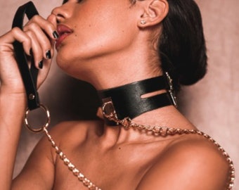 The Lux Choker | Leather Collar with 5 D Rings and Chain | Black Sexy Bondage | Faux Premium BDSM Collar | Submissive Collar | BDSM Leash