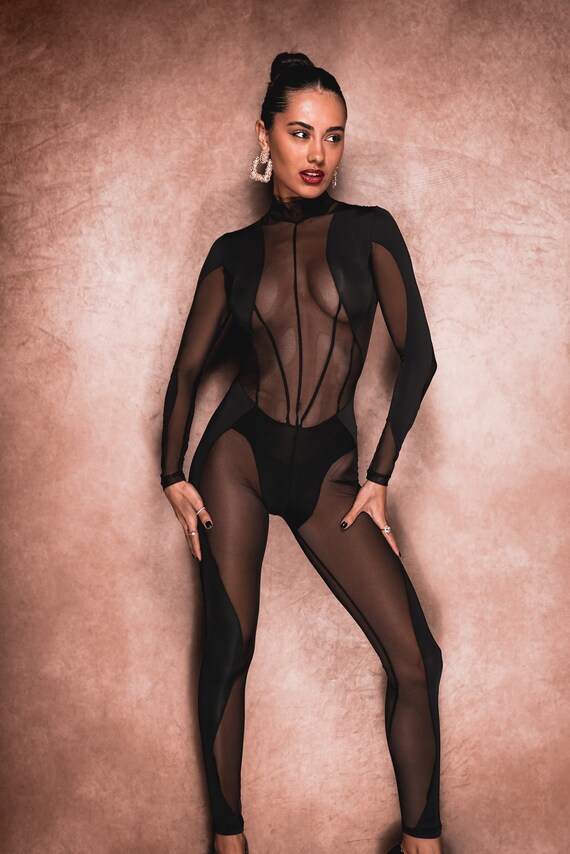 Women Sheer Lace Top Full Bodystocking Jumpsuit Zipper Bodysuit Lingerie  Catsuit