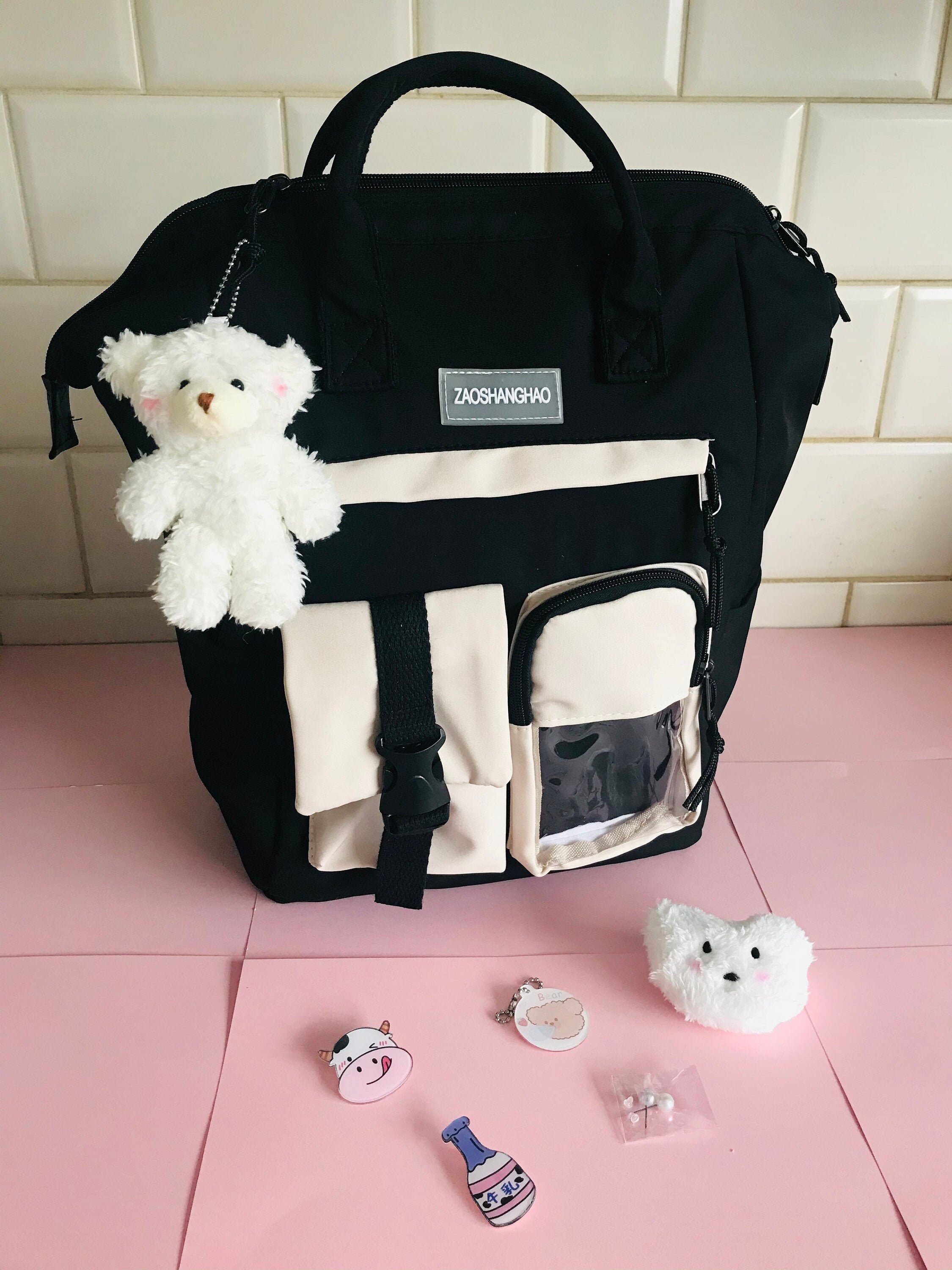 Kawaii Backpack with accessories... teddy bear pins School Etsy
