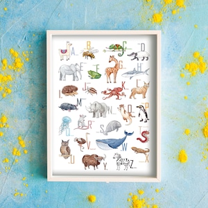 Tier-Alphabet Poster - Aquarell Illustrationen - Plakat A2 / A3 - Animal Watercolor