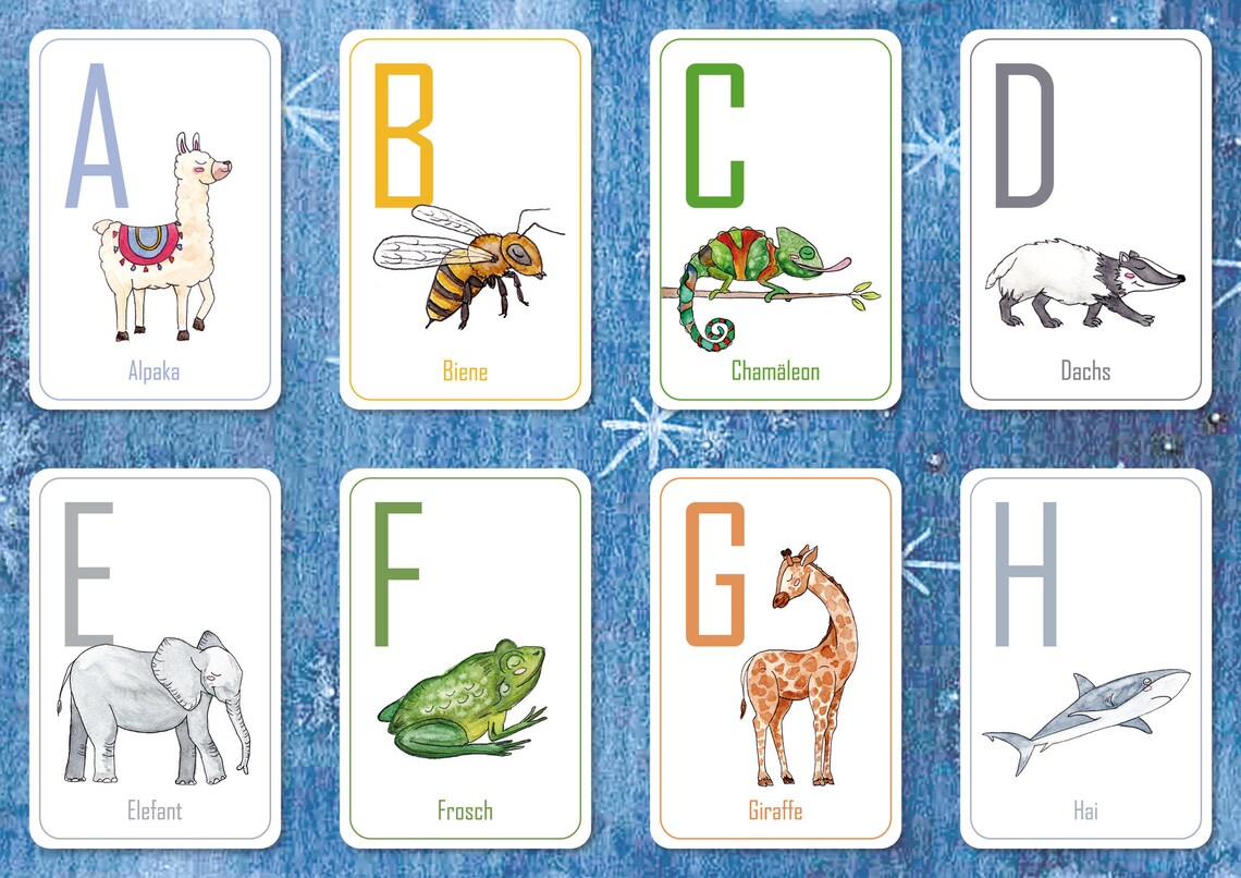 ABC Lernkarten Alphabet 26 tierische Buchstabenkarten Animal Watercolor