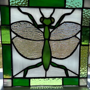 Pu&ograve; includere: Pannello in vetro colorato con un disegno di mantide religiosa verde. L'insetto &egrave; centrato su uno sfondo bianco, con ali argentate strutturate. Il pannello &egrave; incorniciato con vetro verde e trasparente.