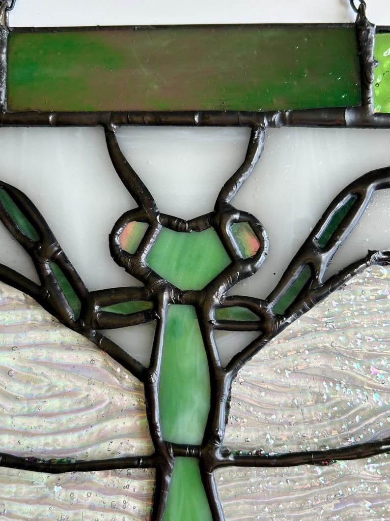Pu&ograve; includere: Un pannello in vetro colorato con un design stilizzato di insetto. L'opera d'arte utilizza vetro verde, bianco e iridescente, incorniciato con metallo scuro. Il corpo dell'insetto &egrave; di un verde vibrante, con ali e antenne dettagliate.