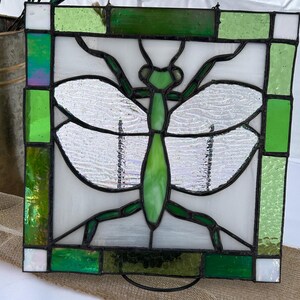 Pu&ograve; includere: Un pannello in vetro colorato con un disegno di libellula verde. La libellula ha un corpo verde e ali con un aspetto strutturato e iridescente. Il pannello &egrave; incorniciato con vetro verde e bianco, creando un pezzo decorativo.
