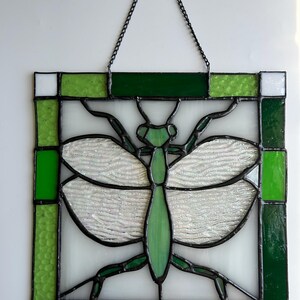 Pu&ograve; includere: Pannello in vetro colorato con un disegno di libellula verde. La libellula ha ali bianche strutturate e un corpo verde. Il pannello &egrave; incorniciato con vetro verde e bianco ed &egrave; sospeso da una catena nera.