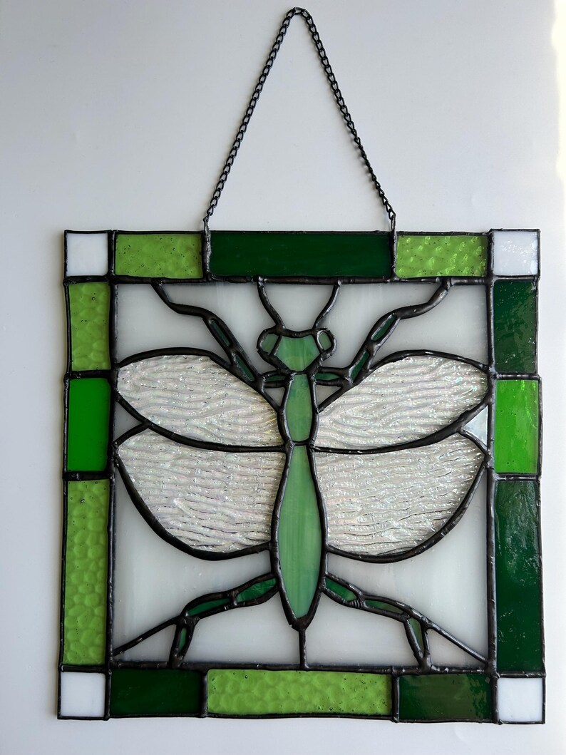 Pu&ograve; includere: Pannello in vetro colorato con un disegno di libellula verde. La libellula ha ali bianche strutturate e un corpo verde. Il pannello &egrave; incorniciato con vetro verde e bianco ed &egrave; sospeso da una catena nera.
