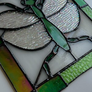 Pu&ograve; includere: Pannello in vetro colorato con un disegno di libellula. La libellula ha segmenti del corpo verdi e ali iridescenti. Il pannello &egrave; incorniciato con linee nere e include sezioni di vetro verde e bianco.
