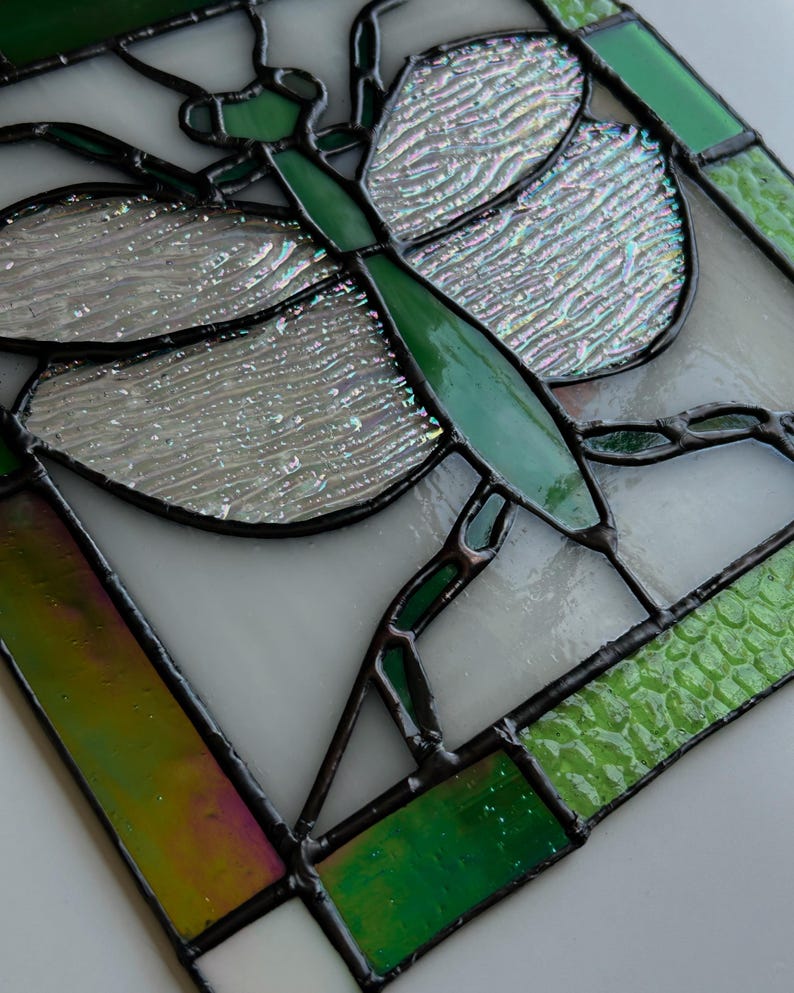 Pu&ograve; includere: Pannello in vetro colorato con un disegno di libellula. La libellula ha segmenti del corpo verdi e ali iridescenti. Il pannello &egrave; incorniciato con linee nere e include sezioni di vetro verde e bianco.
