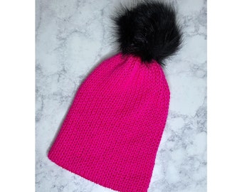 BLACK HOT PINK STRIPE POM POM BEANIE