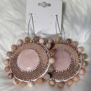 Tan & light pink beaded earrings