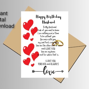Carte imprimable de message d’anniversaire de mari. À la carte d’amour de mon mari. Carte de mari romantique. Carte Je t'aime mari. Téléchargement numérique.