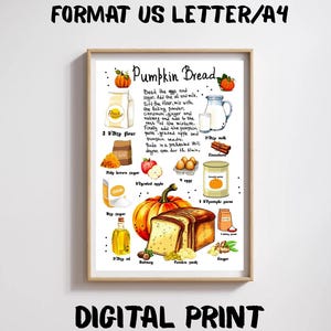 Pumpkin Bread Recipe Illustration. Pumpkin Bread Recipe Print Wall Art Decor. Fall Decor . Autumn Art Recipe Print.Set of 2 Digital Poster.