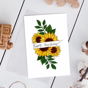 Tarjeta de feliz cumpleaños con girasol. Tarjeta de felicitación de cumpleaños con acuarela. Plantilla de tarjeta de feliz cumpleaños.