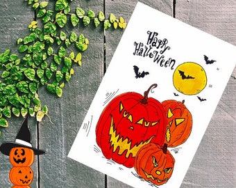 Halloween Pumpkin Lantern Watercolor Card Print. Happy Halloween Pumpkin Art Card Printable. Halloween Art Print Decor. Digital Download.