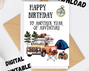 Tarjeta de cumpleaños para un año más de aventuras. Tarjeta de cumpleaños imprimible para viajeros. Tarjeta de regalo para amantes de los viajes. Descarga digital.