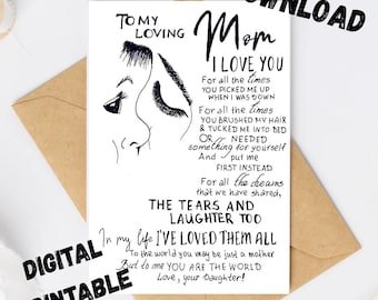 To My Loving Mom Card Pintable. Daughter To Mother Card Gift. To My Mom Card Print. Mom Birthday Card. Digital Download.