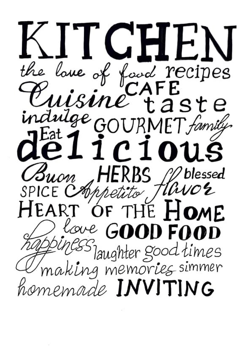 Happy Kitchen Black and White Wall Art Print Decor. Set of 5 Kitchen