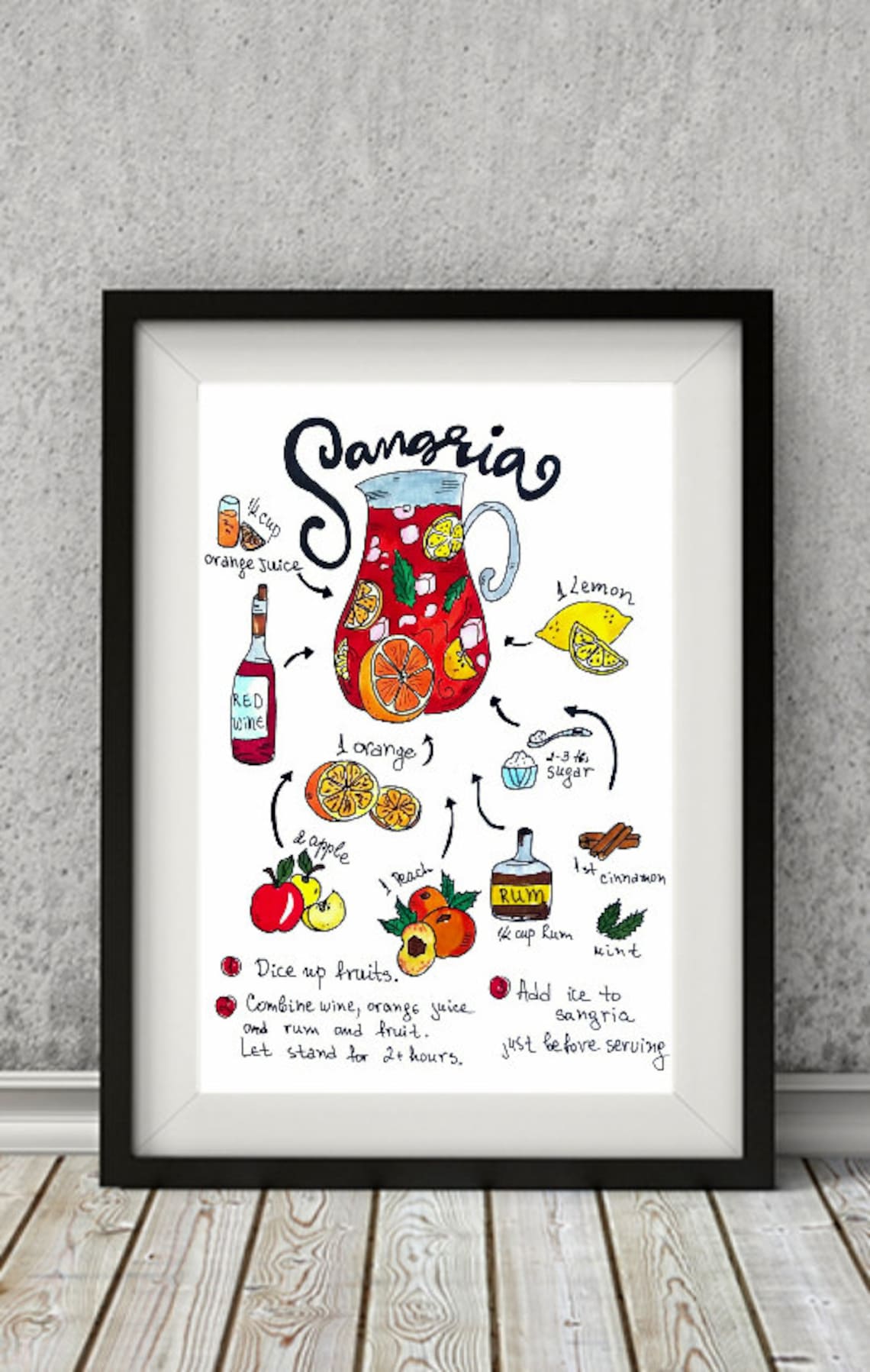 Sangria Recipe Print. Recipe Sangria Watercolor Art Print. Cocktail ...
